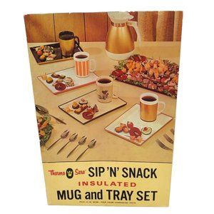 Vintage Thermo Serv Sip 'n' Snack Insulated Mug & Tray‎ Set Black/Gold Set 3x
